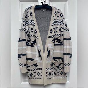 Lucky Brand Woman's Cardigan Sweater - Black and Cream Aztec Pattern Size Small